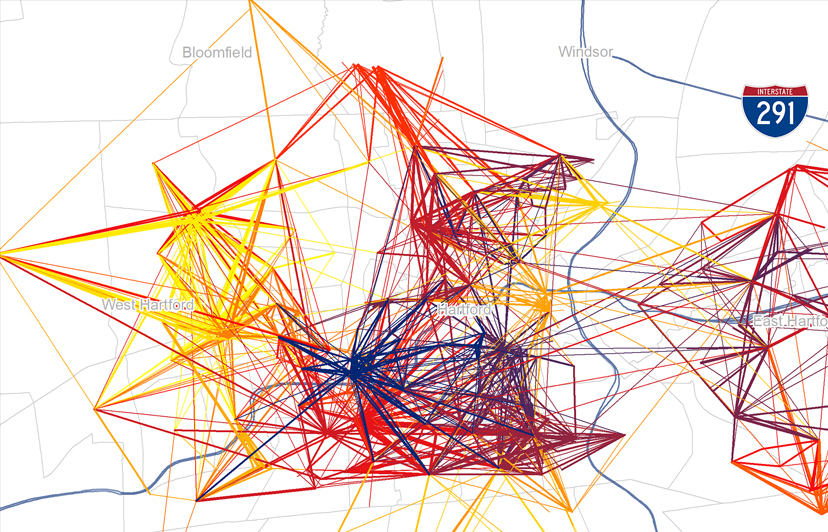 Human mobility patterns across the Hartford metropolitan area, with interconnected lines representing flows of movement between locations such as Hartford, West Hartford, East Hartford, and nearby towns.