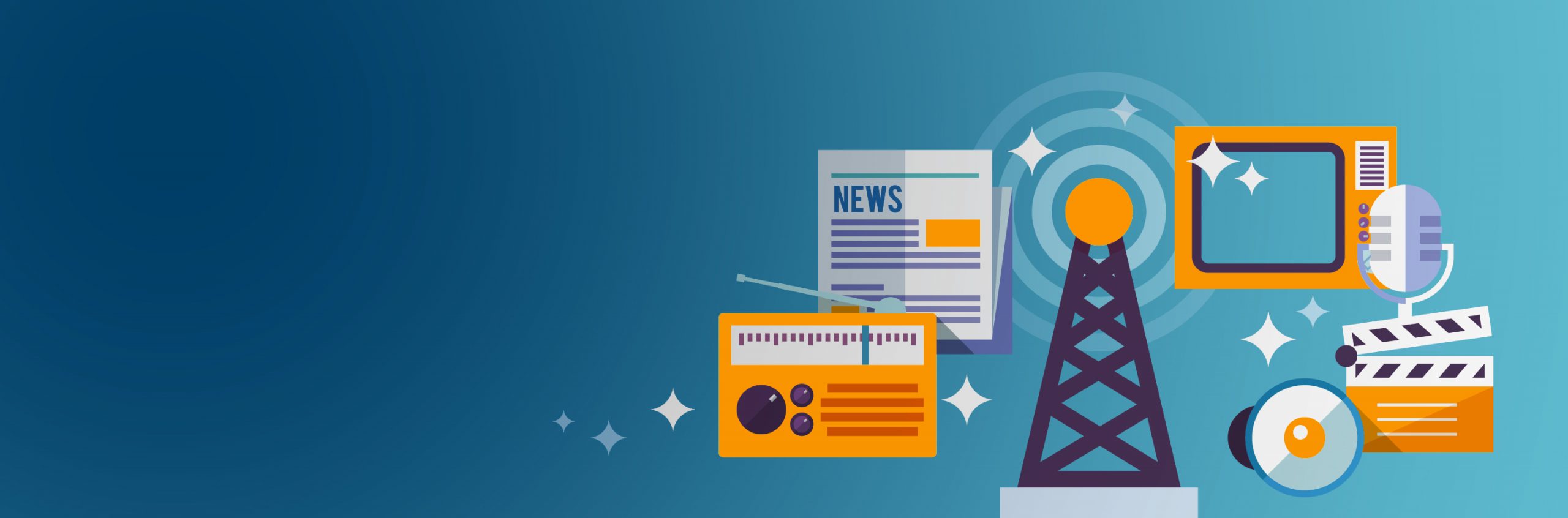 The image shows flat-style illustrations of media elements including a radio tower, newspaper, television, radio, microphone, film clapperboard, and CD against a teal background.