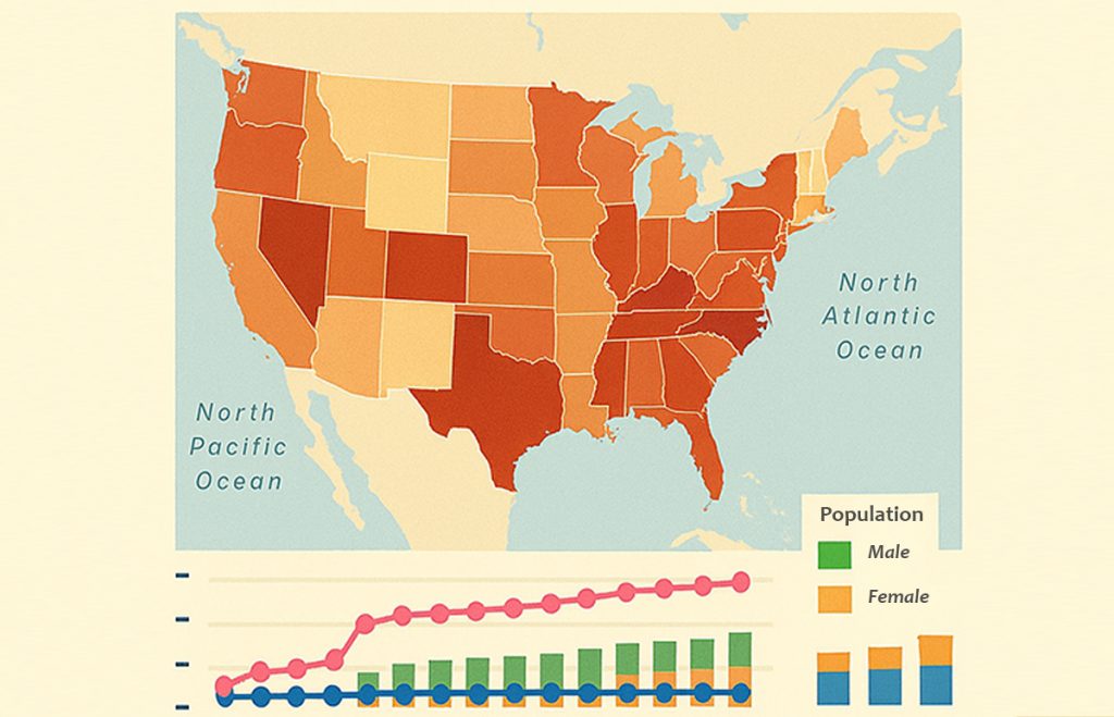 This image is a flat-style data visualization showing a map of the United States colored by population distribution, along with charts comparing male and female populations over time. The map uses shades of orange to represent population density across states, while the charts below illustrate demographic trends through lines and stacked bars labeled for male (green) and female (orange) populations..