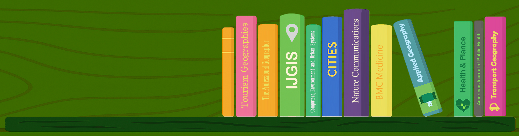 flat-style digital illustration of colorful books arranged on a wooden shelf against a beige background. Each book spine has titles related to geography, GIS, health, and transportation, such as Tourism Geographies, The Professional Geographer, IJGIS, Cities, Nature Communications, BMC Medicine, Applied Geography, Health & Place, American Journal of Public Health, and Transport Geography.
