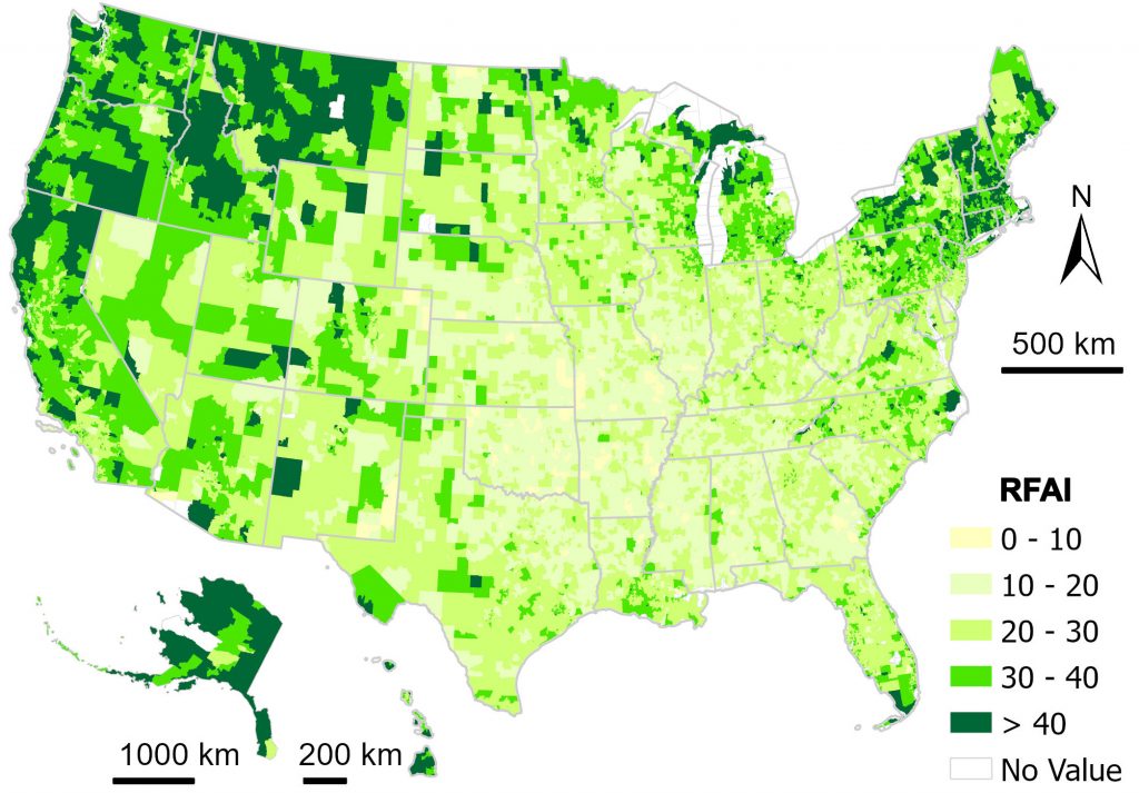 This image is a choropleth map of the United States showing the retail food activity index or RFAI.