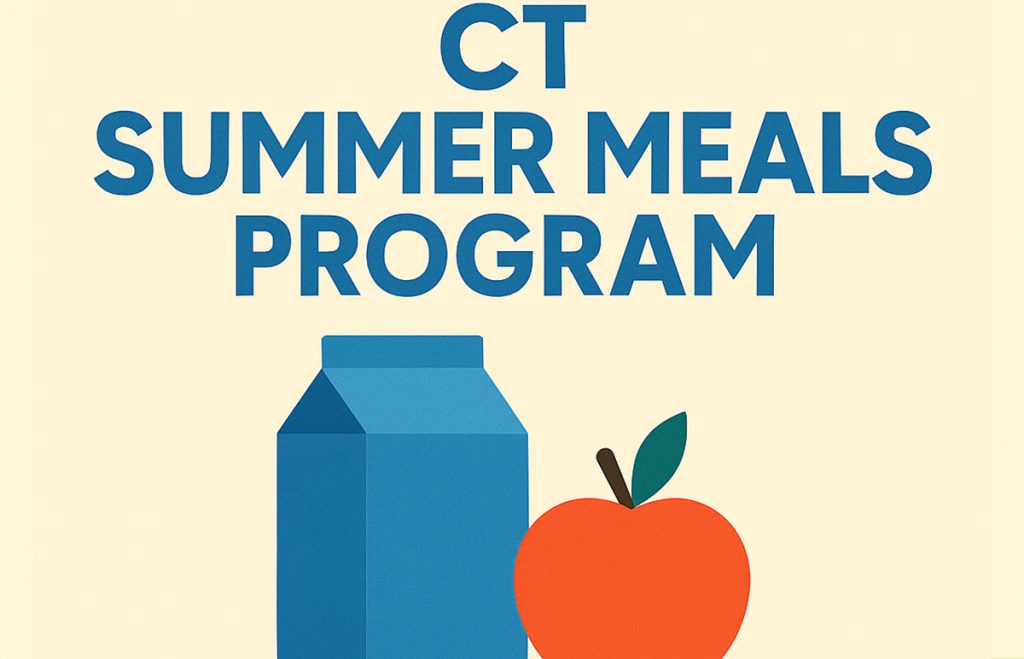 This image includes bold blue text “CT Summer Meals Program” centered on a light beige background. Below the text, there are simple illustrations of a blue milk carton and a red apple with a green leaf, representing healthy meals..
