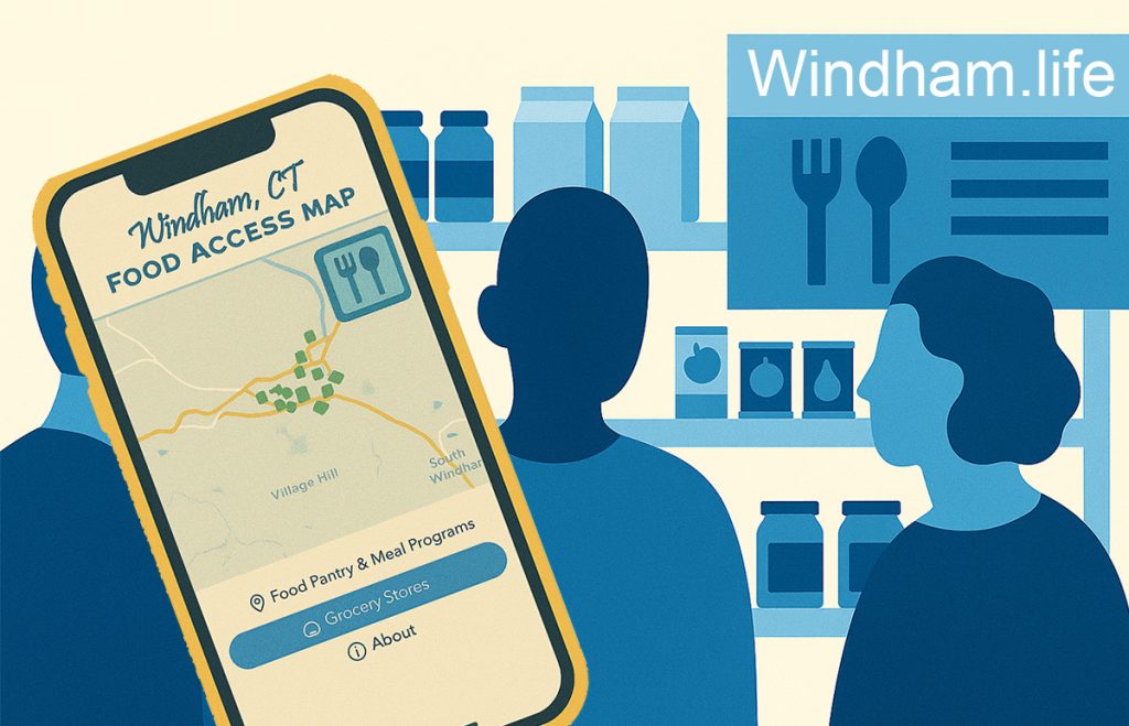 This image is a flat-style digital illustration showing people in a food pantry setting. In the foreground, a smartphone displays the “Windham, CT Food Access Map”, highlighting grocery and meal locations. Behind it, abstract blue-toned figures stand among shelves stocked with jars, cans, and boxes. A sign labeled “Windham.life” appears at the top right.