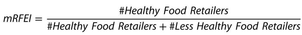 The image is the mRFEI formula representing the proportion of healthy food retailers relative to all food retailers (both healthy and less healthy) within a given area.