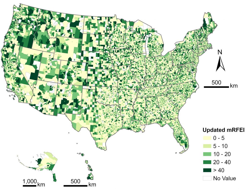 This map displays the updated Modified Retail Food Environment Index (mRFEI) for all U.S. census tracts, reflecting data from 2018–2019. Each tract is shaded according to its mRFEI score, which represents the percentage of healthy food retailers relative to the total number of food retailers.